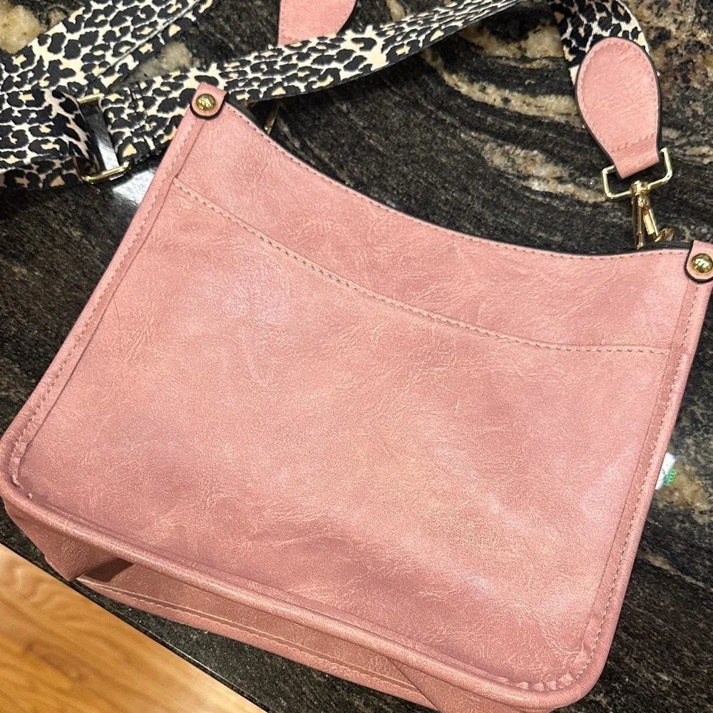 Pink Crossbody Bag with Animal Print Strap